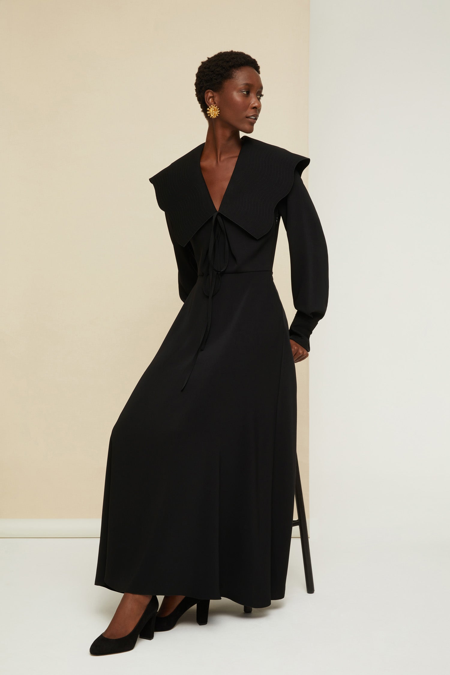 Patou - Oversized collar maxi dress - Black - The Patou touch? A spectacular collar. Black recycled cady maxi dress. Oversized collar featuring topstitching detailing all over with tie fastening at the front. Long sleeves with topstitched cuffs fastened via engraved gold-coloured buttons. Zip fastening at the side.Brooches sold separately