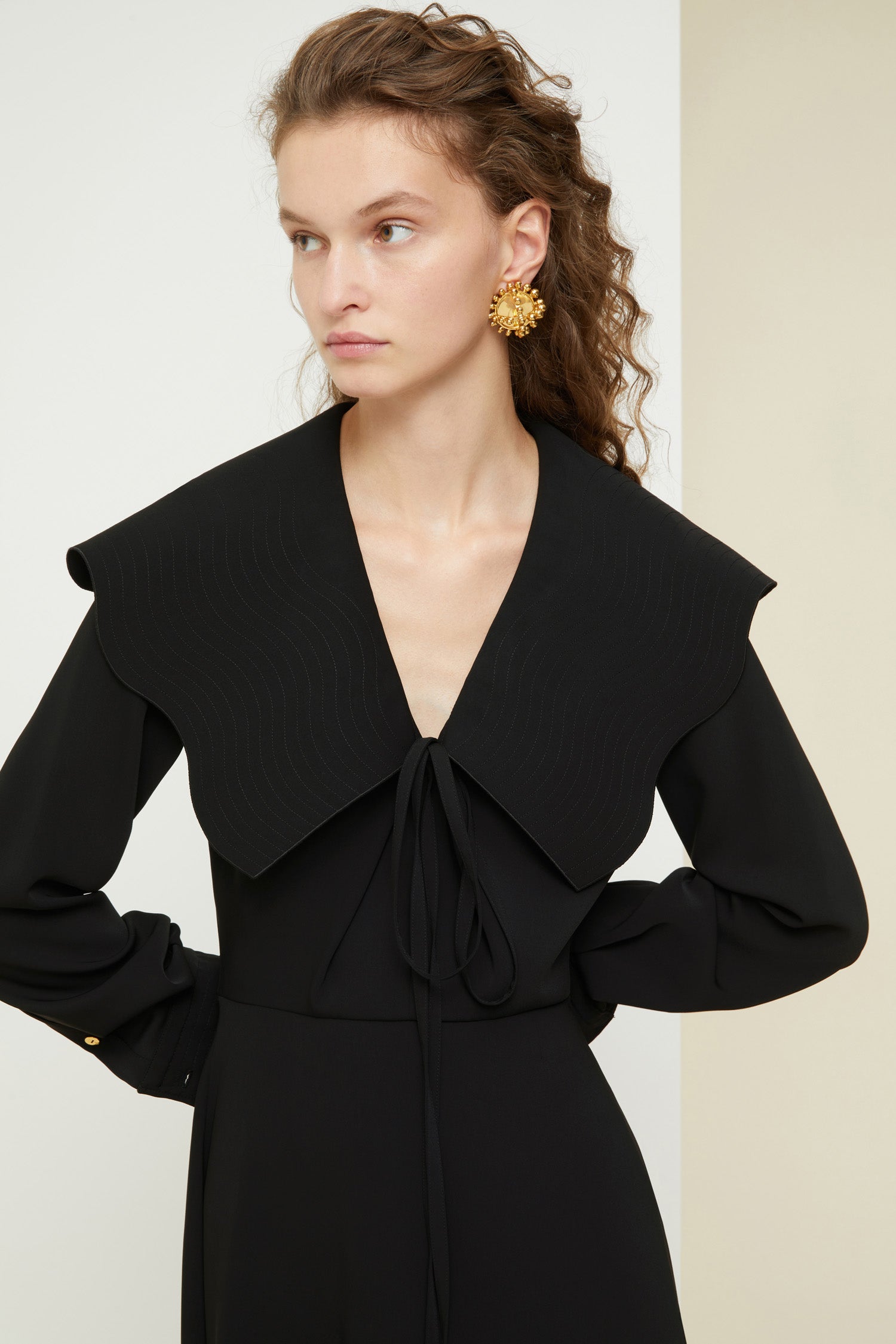 Patou - Oversized collar maxi dress - Black - The Patou touch? A spectacular collar. Black recycled cady maxi dress. Oversized collar featuring topstitching detailing all over with tie fastening at the front. Long sleeves with topstitched cuffs fastened via engraved gold-coloured buttons. Zip fastening at the side.Brooches sold separately