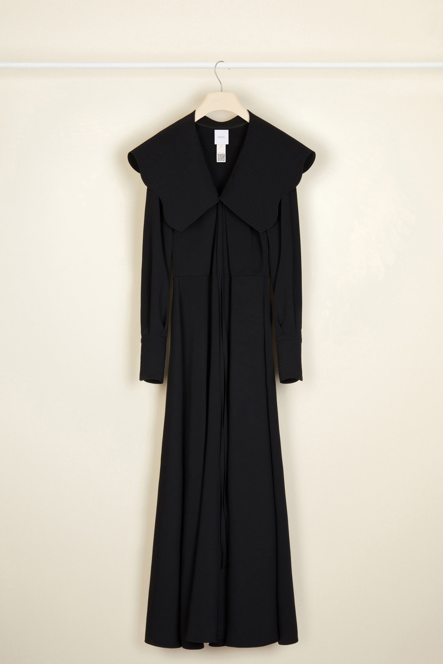 Patou - Oversized collar maxi dress - Black - The Patou touch? A spectacular collar. Black recycled cady maxi dress. Oversized collar featuring topstitching detailing all over with tie fastening at the front. Long sleeves with topstitched cuffs fastened via engraved gold-coloured buttons. Zip fastening at the side.Brooches sold separately