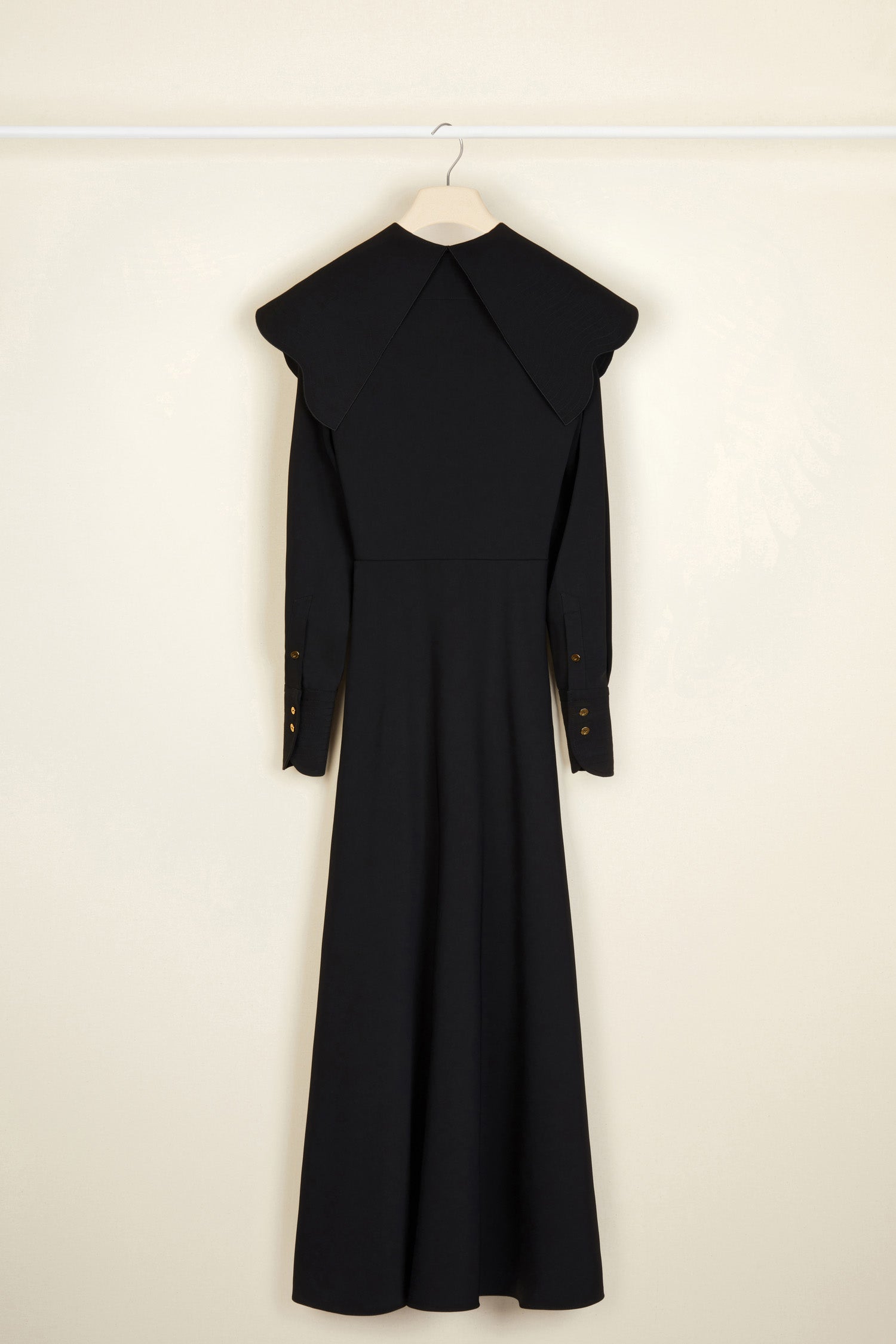 Patou - Oversized collar maxi dress - Black - The Patou touch? A spectacular collar. Black recycled cady maxi dress. Oversized collar featuring topstitching detailing all over with tie fastening at the front. Long sleeves with topstitched cuffs fastened via engraved gold-coloured buttons. Zip fastening at the side.Brooches sold separately