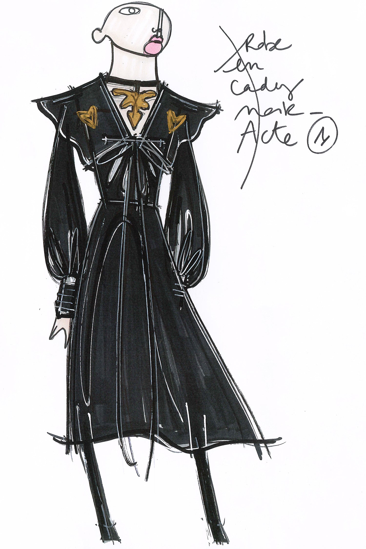 Patou - Oversized collar maxi dress - Black - The Patou touch? A spectacular collar. Black recycled cady maxi dress. Oversized collar featuring topstitching detailing all over with tie fastening at the front. Long sleeves with topstitched cuffs fastened via engraved gold-coloured buttons. Zip fastening at the side.Brooches sold separately