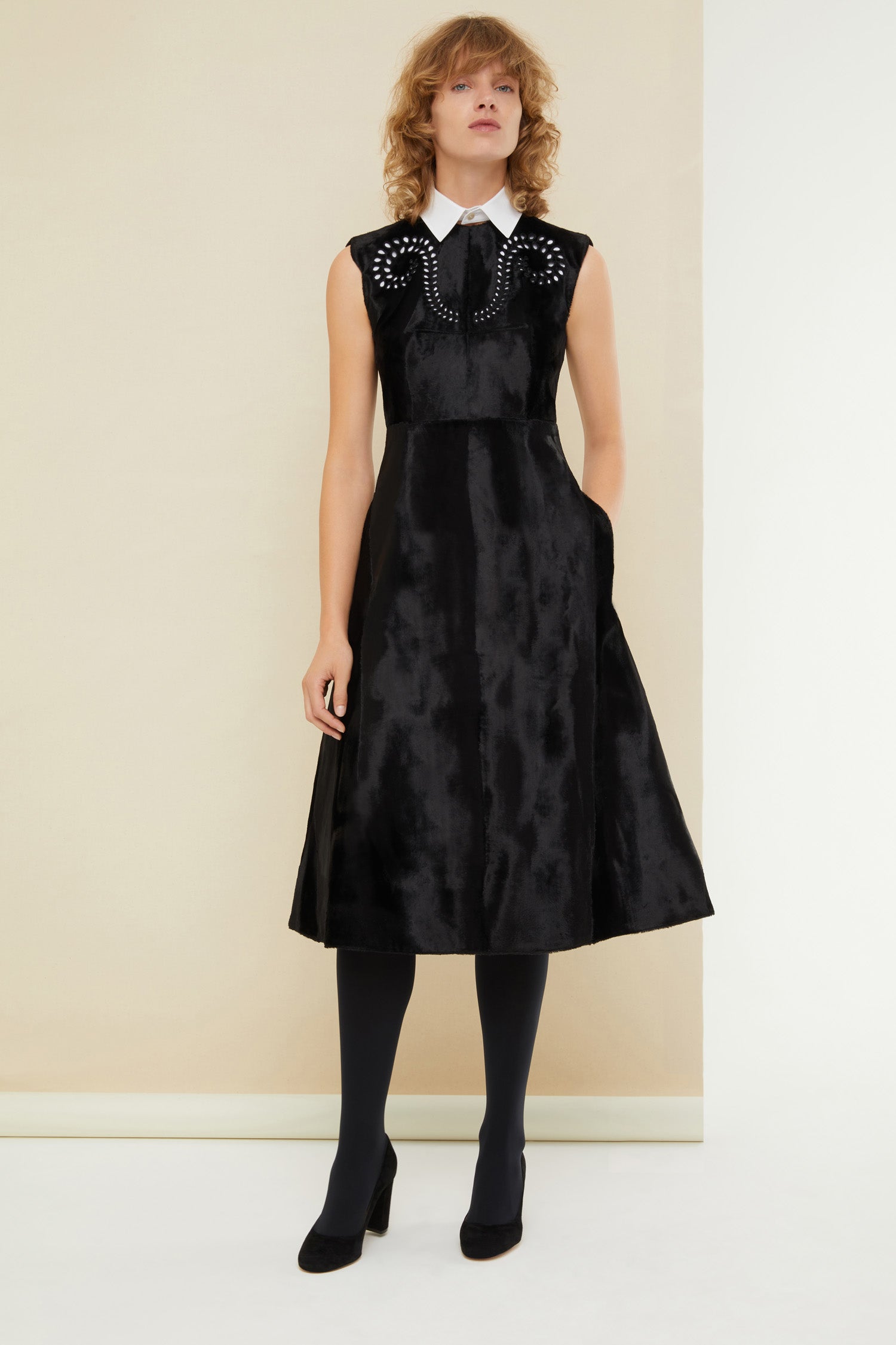 Patou - Faux ponyskin midi dress - Black - A couture silhouette with a conscience: that’s so Patou!  Black faux ponyskin midi dress. A-line silhouette with a fitted bodice. Removable white poplin collar. Cut-out detailing across the chest.