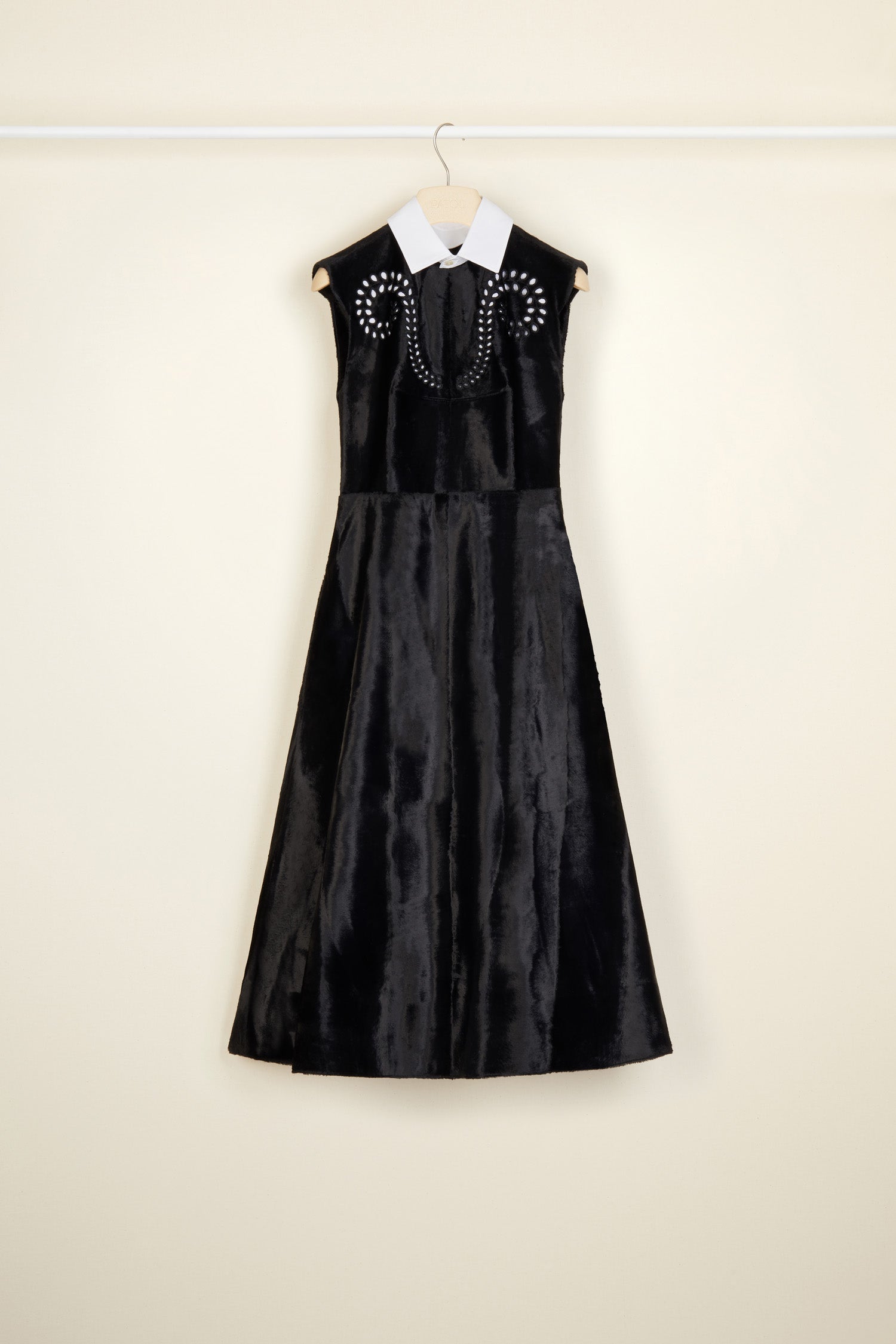 Patou - Faux ponyskin midi dress - Black - A couture silhouette with a conscience: that’s so Patou!  Black faux ponyskin midi dress. A-line silhouette with a fitted bodice. Removable white poplin collar. Cut-out detailing across the chest.