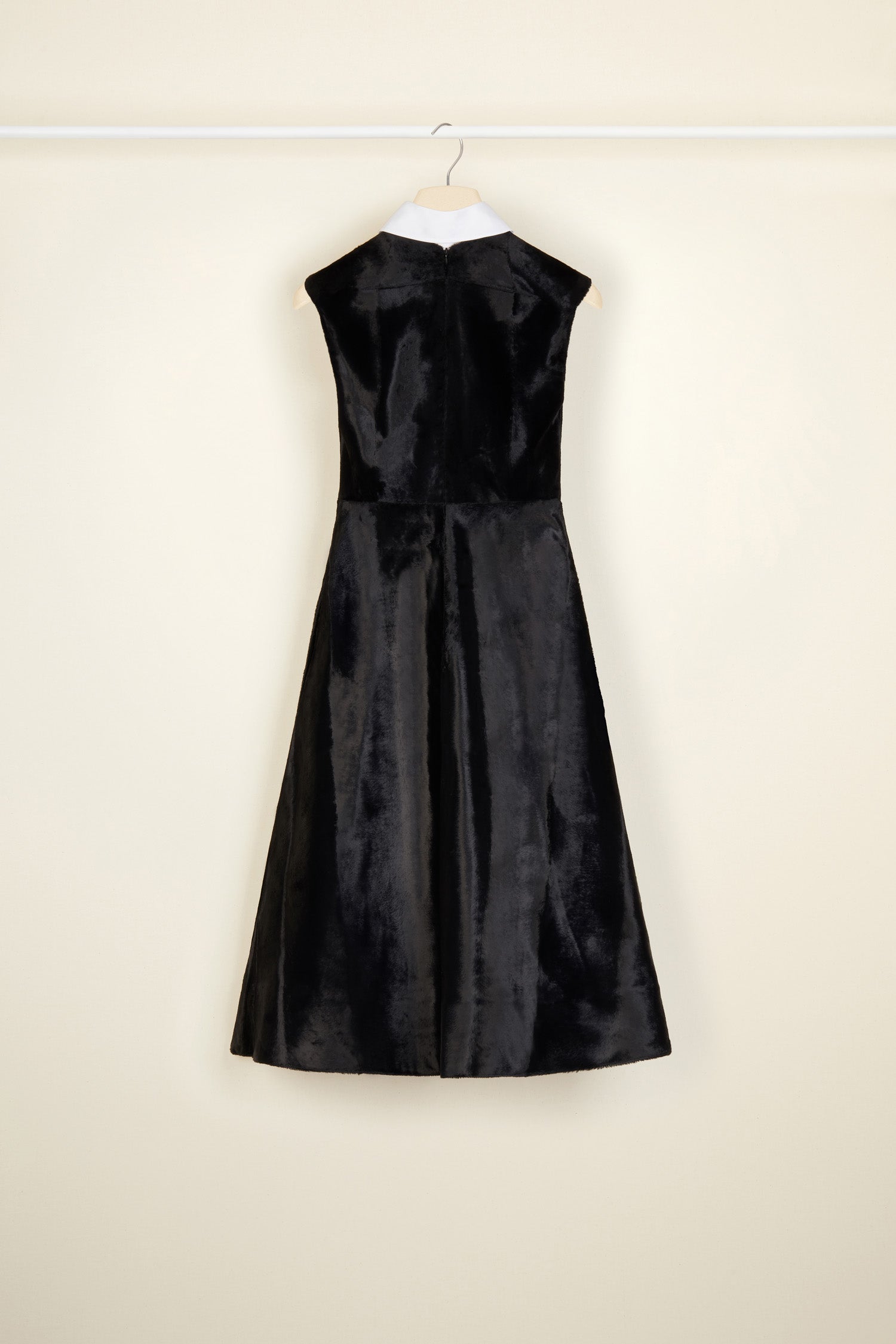 Patou - Faux ponyskin midi dress - Black - A couture silhouette with a conscience: that’s so Patou!  Black faux ponyskin midi dress. A-line silhouette with a fitted bodice. Removable white poplin collar. Cut-out detailing across the chest.