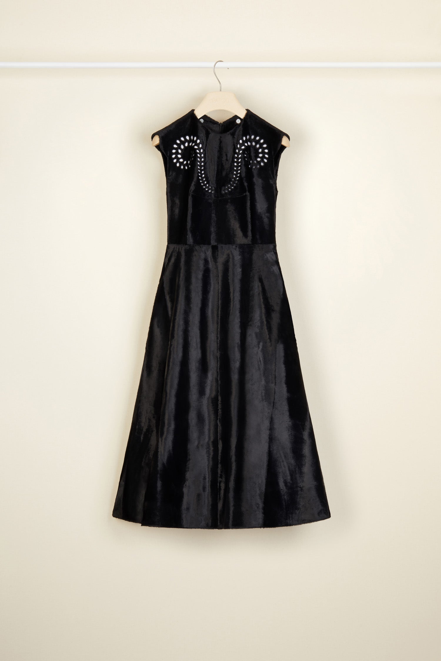 Patou - Faux ponyskin midi dress - Black - A couture silhouette with a conscience: that’s so Patou!  Black faux ponyskin midi dress. A-line silhouette with a fitted bodice. Removable white poplin collar. Cut-out detailing across the chest.