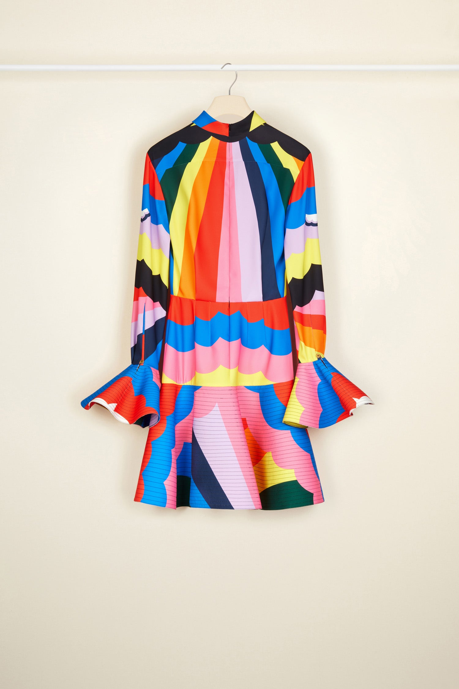 Patou - Psychedelic high neck 3D mini dress - A Psychedelic World - Dreaming a life in Patou and in Technicolor.Multicoloured recycled cady 3D mini dress. Featuring Act 1’s hand-drawn psychedelic-style print. High neck with a zip fastening at the back. Circular cuffs with topstitching detailing and topstitched hem to create extra volume. Engraved gold-coloured buttons at the cuffs. Signature curved seam at the back. Brooches sold separately.