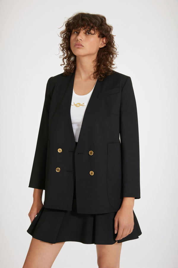 Patou - Collarless double-breasted jacket in tech wool