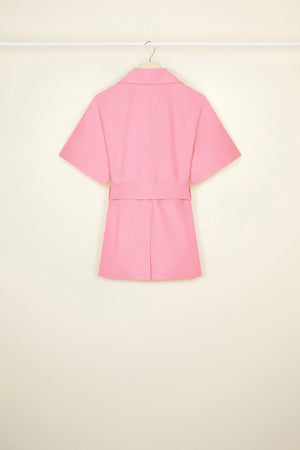 Belted short sleeve jacket in organic cotton and wool