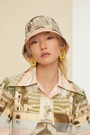Belted short sleeve jacket in printed organic cotton and wool