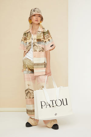 Belted short sleeve jacket in printed organic cotton and wool
