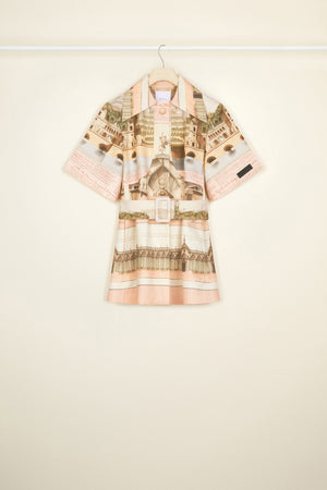 Belted short sleeve jacket in printed organic cotton and wool