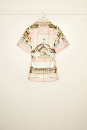 Belted short sleeve jacket in printed organic cotton and wool
