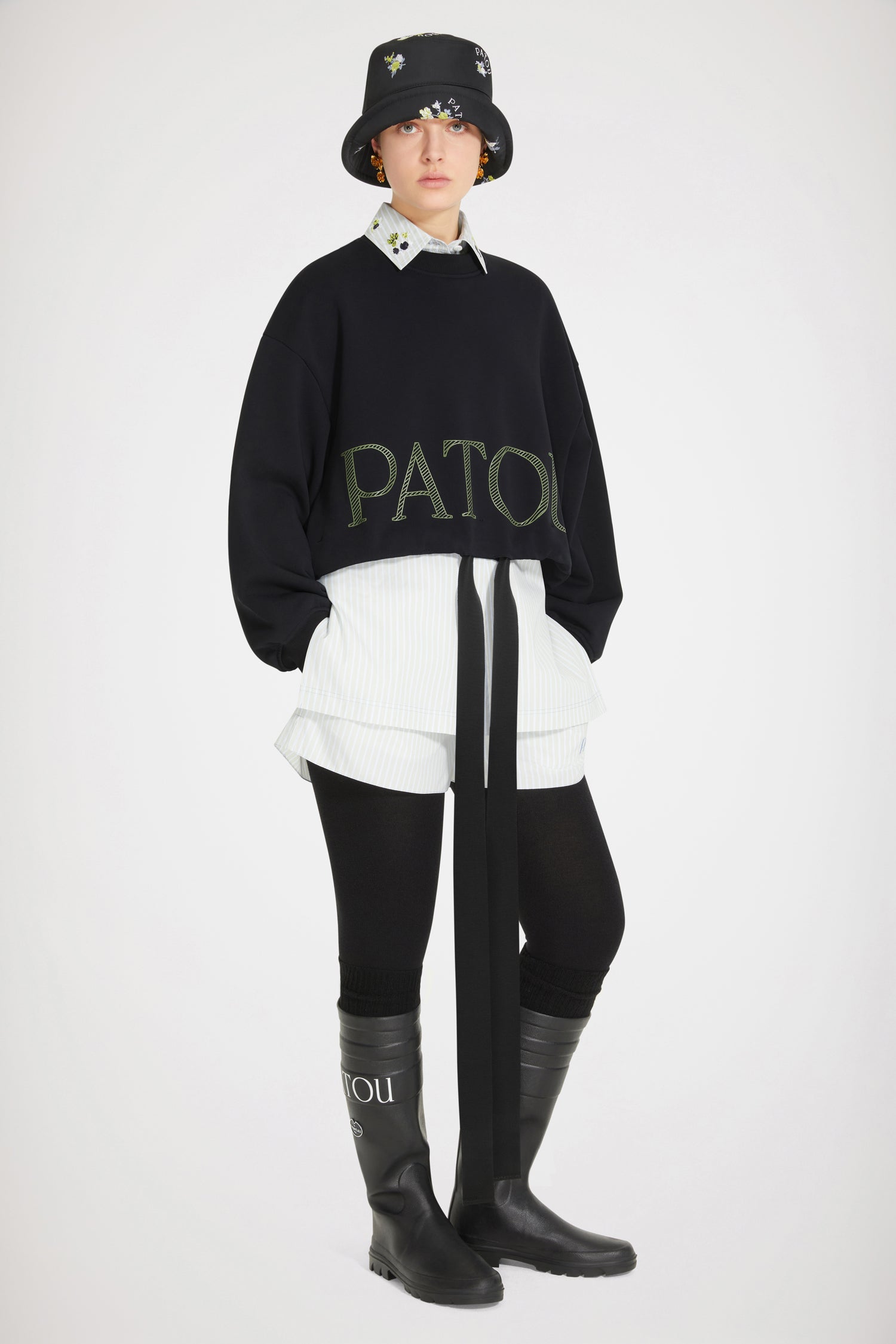 Patou - Cropped drawstring sweatshirt in organic cotton - Black - Grosgrain makes a big statement. Black organic cotton sweatshirt. Cropped silhouette. Crewneck. Ribbed collar and cuffs. Dropped shoulders. Patou logo in hatched lettering. Grosgrain drawstring hem. Loose fit (select one size down for a fitted look).