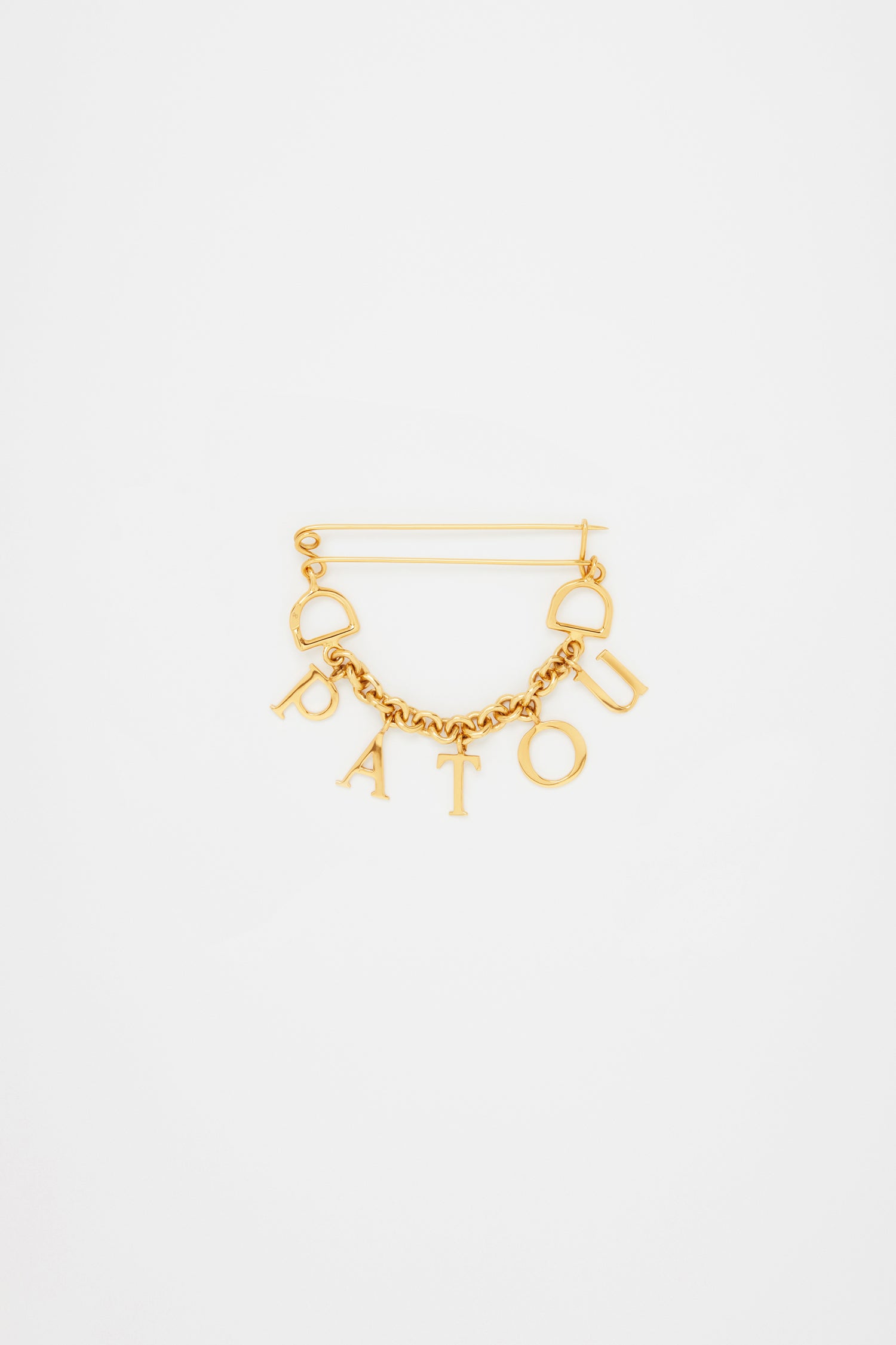 Patou - Patou brooch in gold-plated brass - Gold - A lucky charm spelt Patou.Gold-plated brass brooch. Safety pin-inspired shape with thin chain and Patou letter charms.
