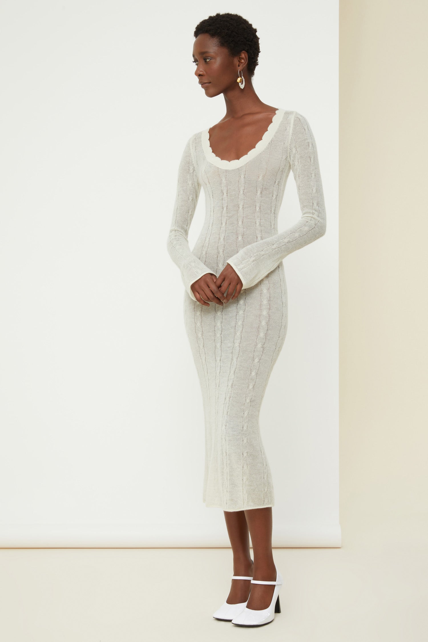 Patou - Midi summer knit dress - Silvery Moon - The softest summer mohair, a Patou breath of fresh air.Silvery Moon off-white baby mohair dress. Fitted silhouette, slightly see-through. Midi length. Cable knit pattern. Deep round neckline with scalloped edges. Slightly flared sleeves.