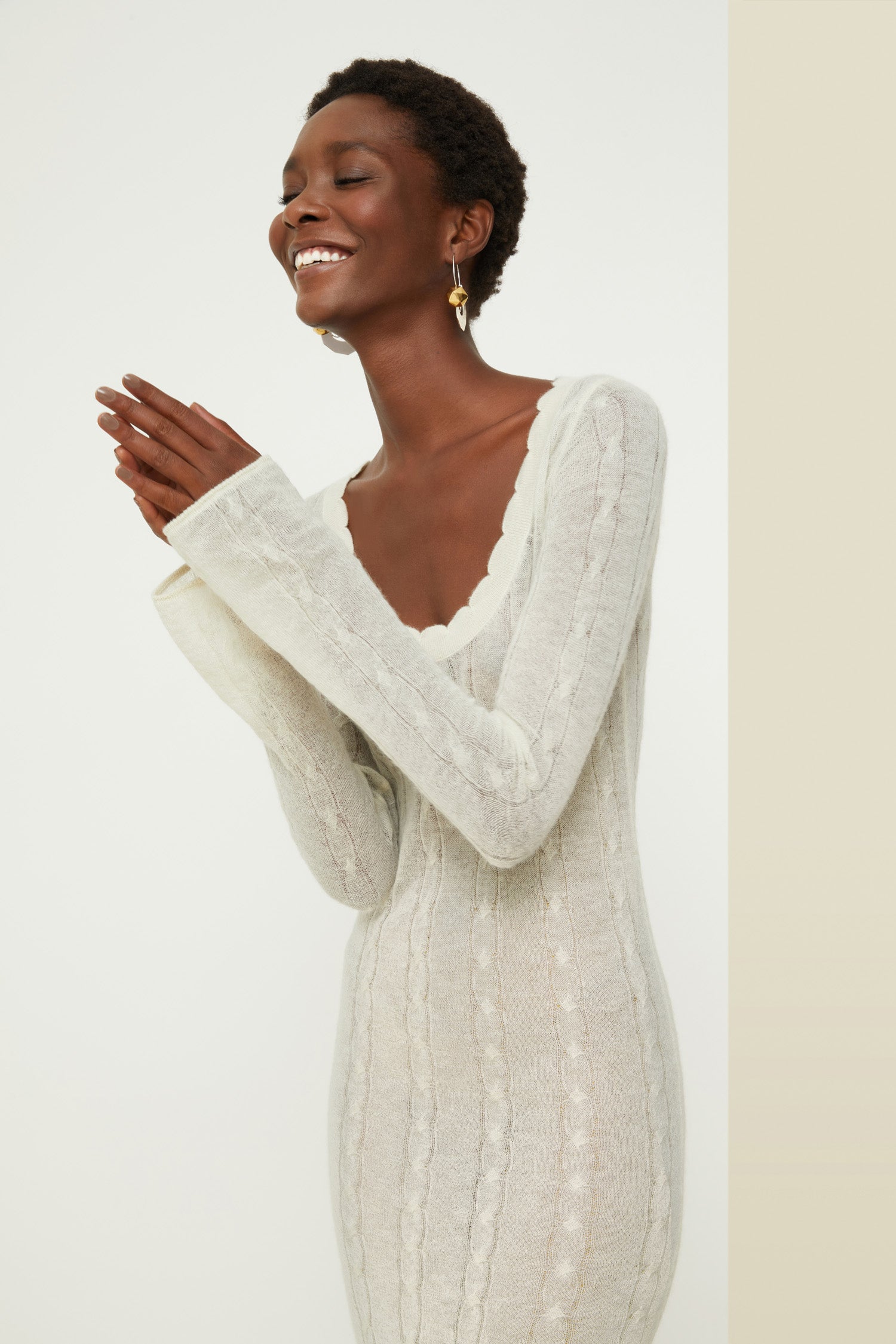 Patou - Midi summer knit dress - Silvery Moon - The softest summer mohair, a Patou breath of fresh air.Silvery Moon off-white baby mohair dress. Fitted silhouette, slightly see-through. Midi length. Cable knit pattern. Deep round neckline with scalloped edges. Slightly flared sleeves.