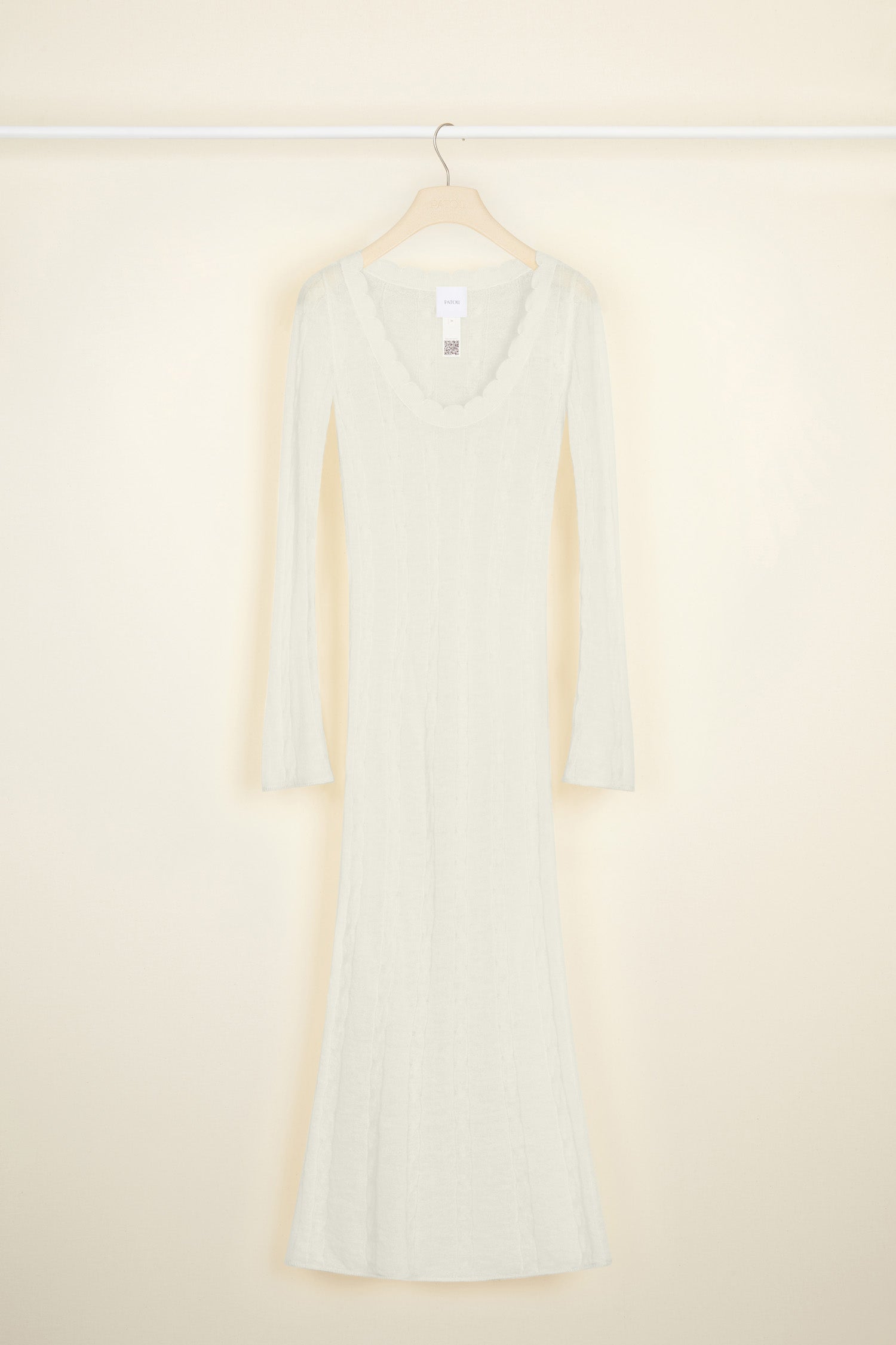 Patou - Midi summer knit dress - Silvery Moon - The softest summer mohair, a Patou breath of fresh air.Silvery Moon off-white baby mohair dress. Fitted silhouette, slightly see-through. Midi length. Cable knit pattern. Deep round neckline with scalloped edges. Slightly flared sleeves.