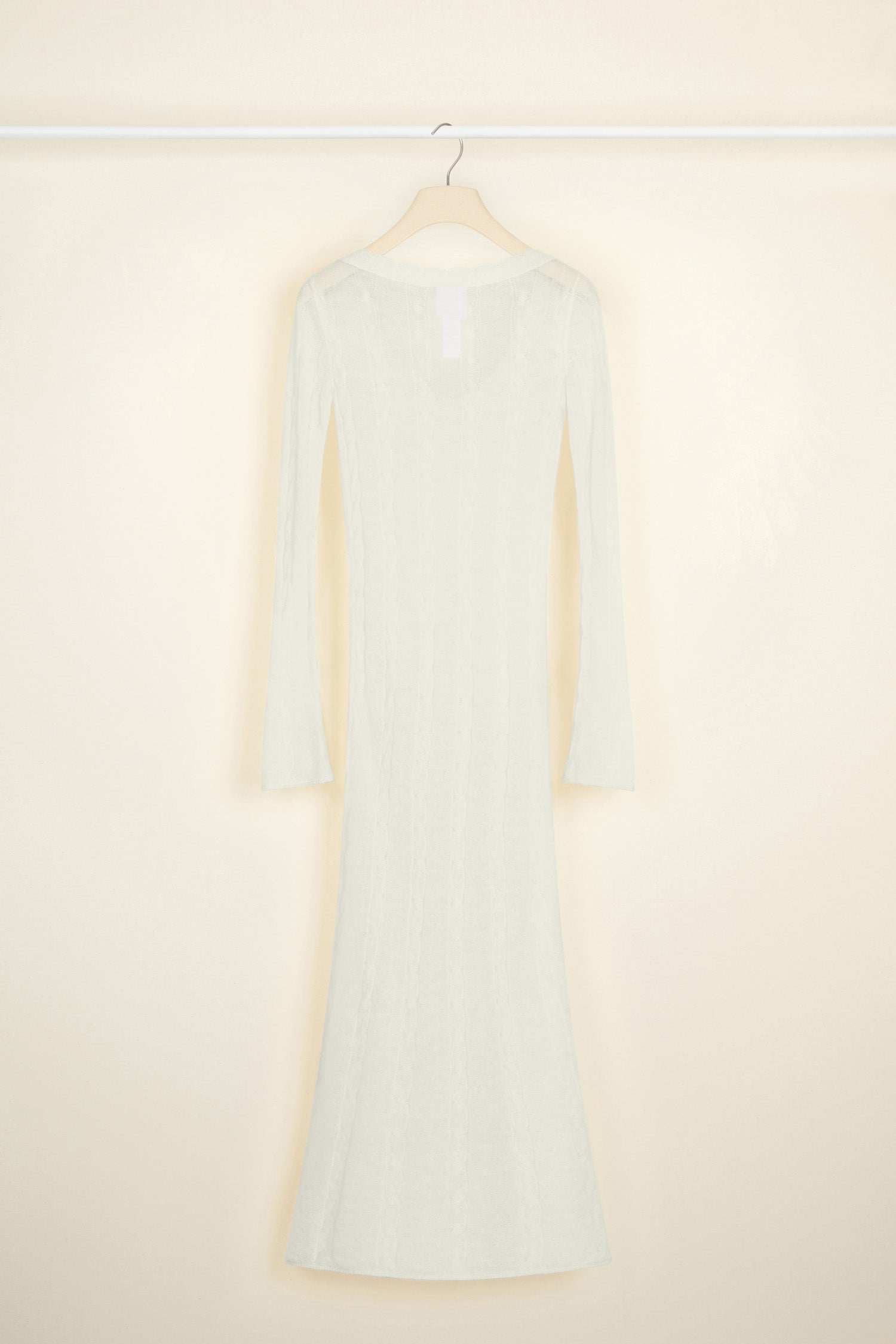 Patou - Midi summer knit dress - Silvery Moon - The softest summer mohair, a Patou breath of fresh air.Silvery Moon off-white baby mohair dress. Fitted silhouette, slightly see-through. Midi length. Cable knit pattern. Deep round neckline with scalloped edges. Slightly flared sleeves.