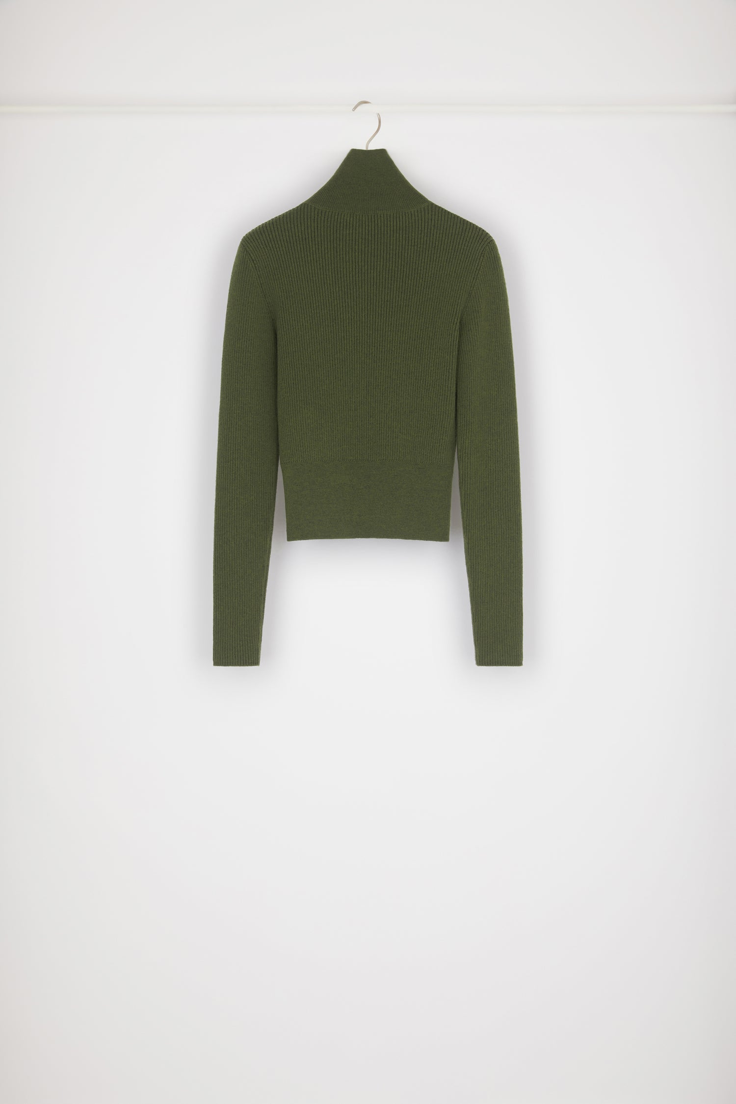 Patou - High neck rib knit wool blend jumper - Loden - The perfect style staple to keep layering chic and simple. Loden green rib knit wool blend jumper. Fitted style with a high neck. Cropped silhouette. Small white JP logo at the front.