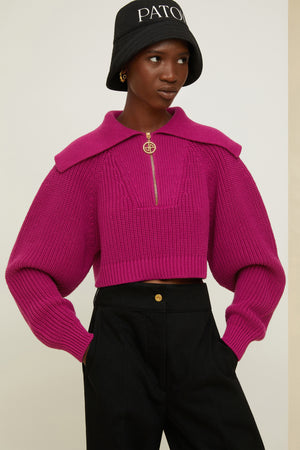 Zip-up sailor collar jumper in eco-friendly wool and cotton