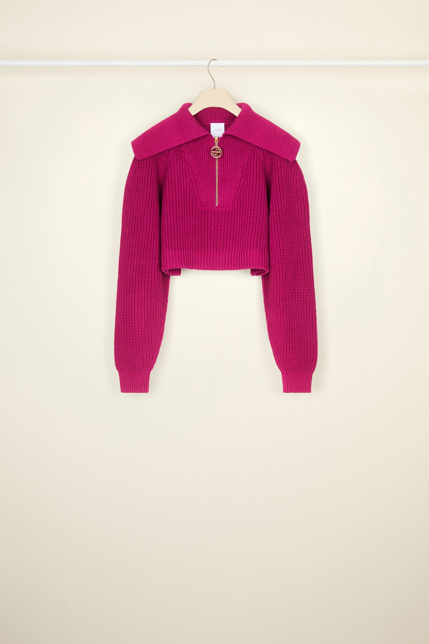 Patou - Zip-up sailor collar jumper in eco-friendly wool and cotton - Anemone - A sailor collar to transform the everyday jumper.Anemone purple rib knit jumper in recycled wool and organic cotton. Cropped silhouette. Oversized sailor-style collar. Gold-tone zip with JP logo pull tab inspired by a heritage keyring.