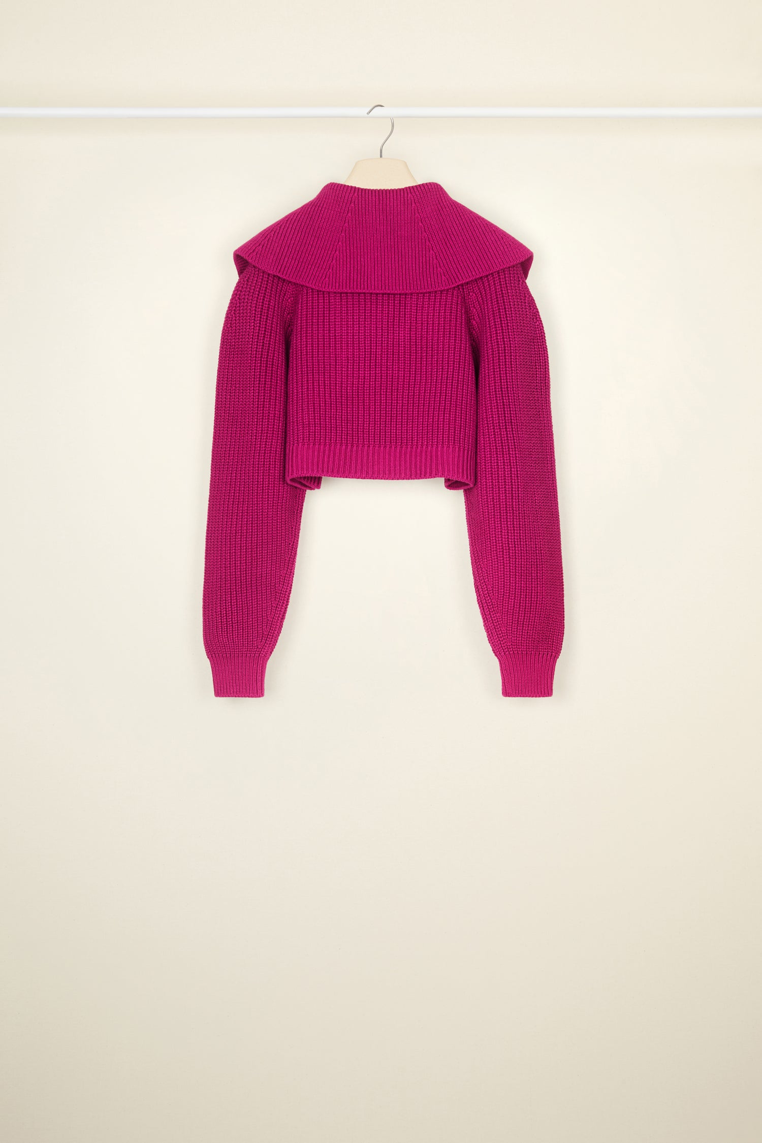 Patou - Zip-up sailor collar jumper in eco-friendly wool and cotton - Anemone - A sailor collar to transform the everyday jumper.Anemone purple rib knit jumper in recycled wool and organic cotton. Cropped silhouette. Oversized sailor-style collar. Gold-tone zip with JP logo pull tab inspired by a heritage keyring.