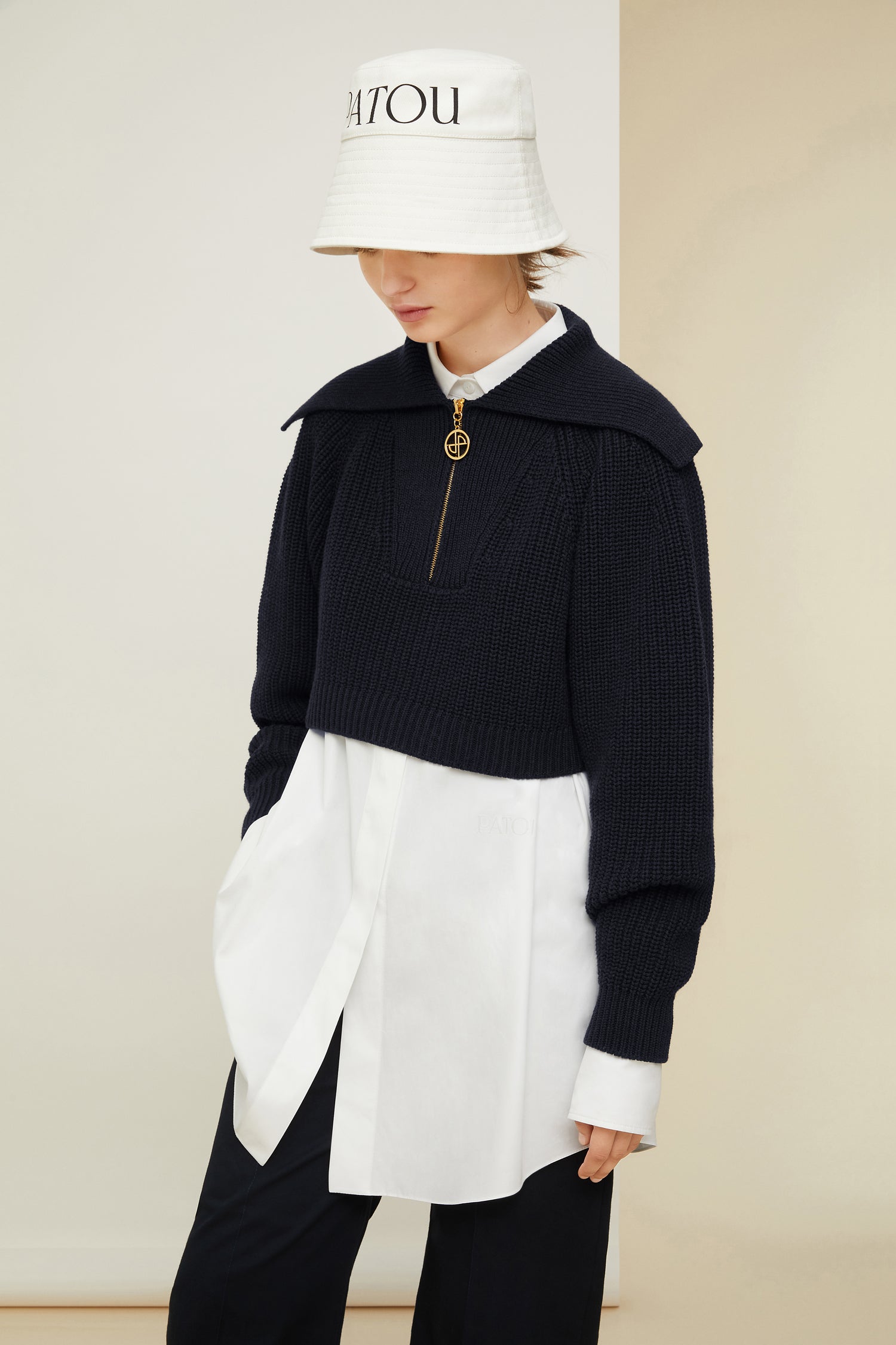 Patou - Zip-up sailor collar jumper in eco-friendly wool and cotton - Night Blue - A sailor collar to transform the everyday jumper.Night Blue rib knit jumper in recycled wool and organic cotton. Cropped silhouette. Oversized sailor-style collar. Gold-tone zip with JP logo pull tab inspired by a heritage keyring.