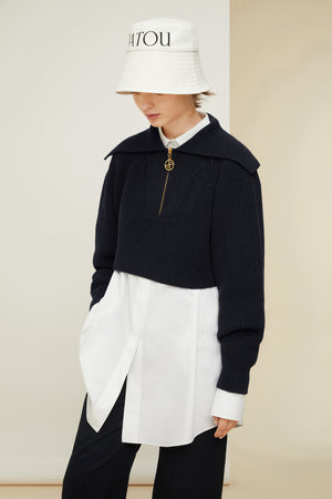 Zip-up sailor collar jumper in eco-friendly wool and cotton