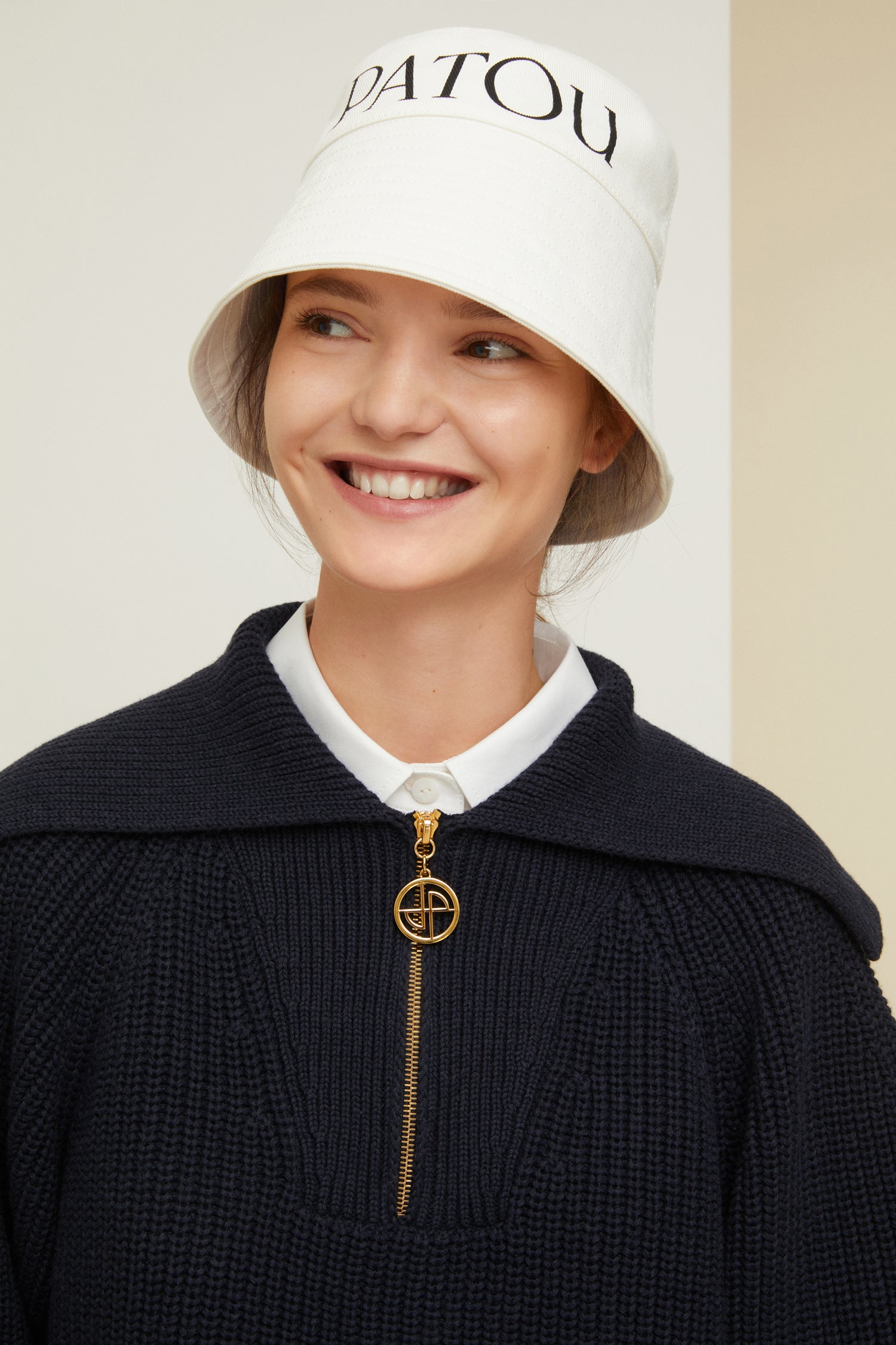 Patou - Zip-up sailor collar jumper in eco-friendly wool and cotton - Night Blue - A sailor collar to transform the everyday jumper.Night Blue rib knit jumper in recycled wool and organic cotton. Cropped silhouette. Oversized sailor-style collar. Gold-tone zip with JP logo pull tab inspired by a heritage keyring.