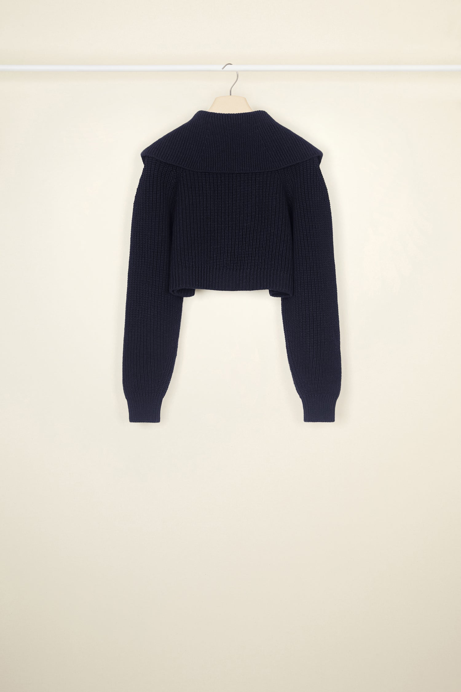 Patou - Zip-up sailor collar jumper in eco-friendly wool and cotton - Night Blue - A sailor collar to transform the everyday jumper.Night Blue rib knit jumper in recycled wool and organic cotton. Cropped silhouette. Oversized sailor-style collar. Gold-tone zip with JP logo pull tab inspired by a heritage keyring.