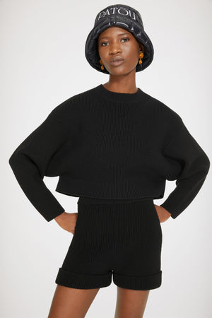 Cropped rib knit jumper in Merino wool