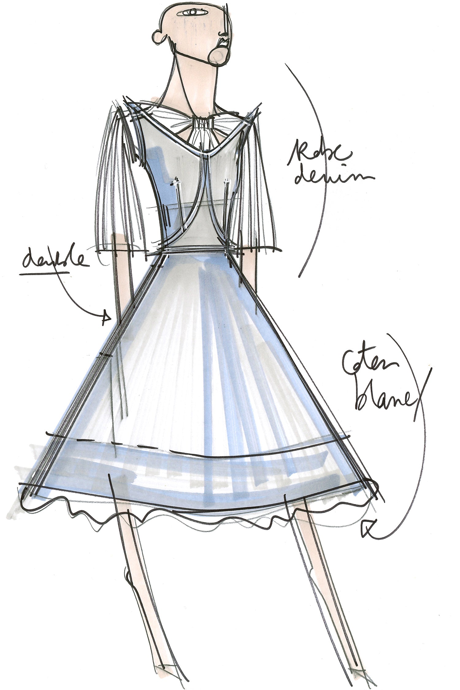 Patou - Robe midi en denim - Blueberry - La doublure anoblit le denim.Robe en denim clair longueur midi. Bustier ajusté au décolleté profond; jeux de pinces et surpiqures qui soulignent la silhouette. Glissière dorée et pinces à l'arrière. Deux poches latérales. Jupe évasée avec doublure visible en coton blanc.