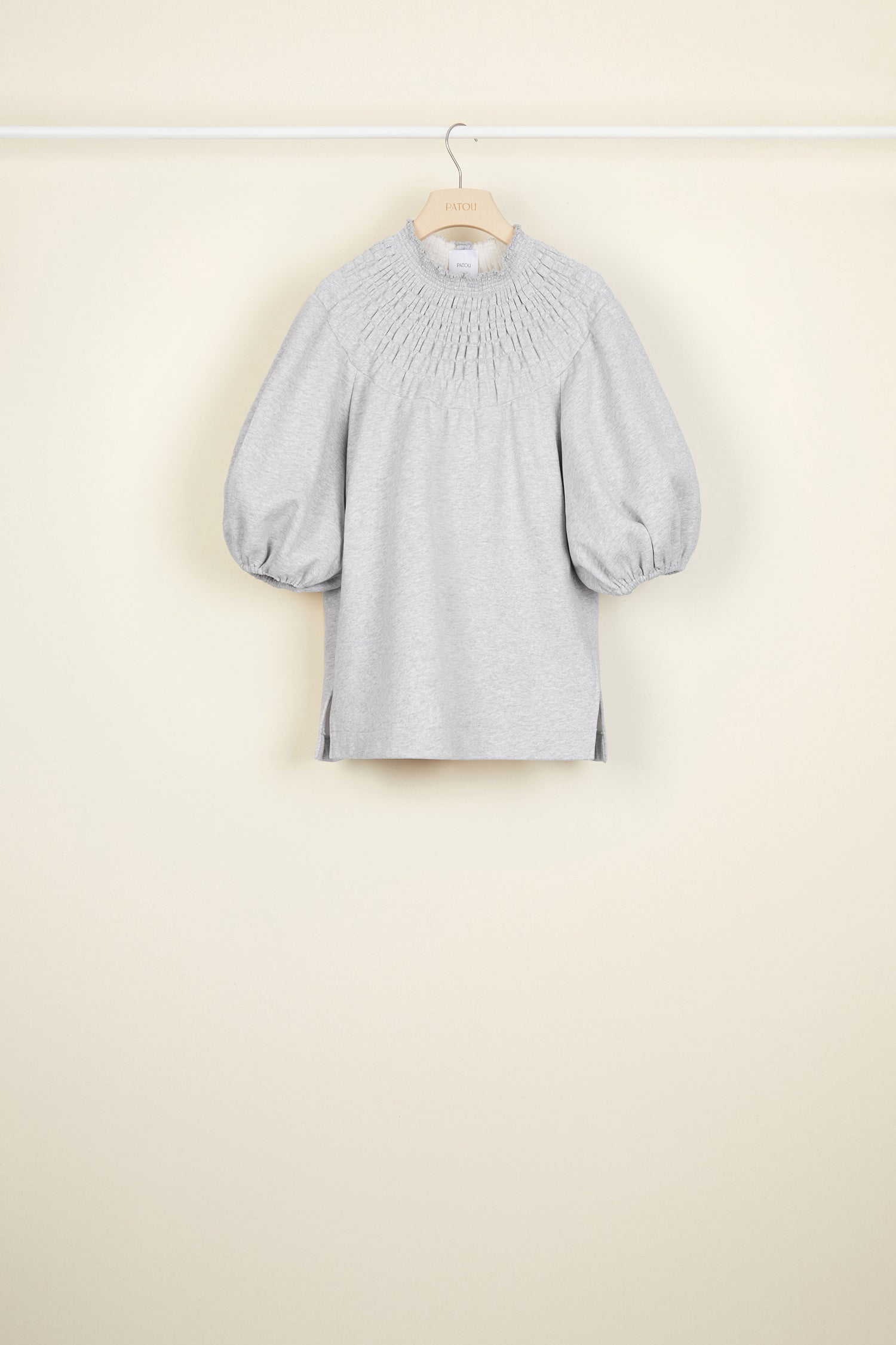 Patou - Smock collar cotton sweatshirt - Grey - Smocks go casual.Lightweight grey cotton sweatshirt with a sunray smocked collar that can be worn off the shoulders. Gold-coloured JP logo at the back. Three-quarter puff sleeves with elasticated cuffs. Two slits at the sides.