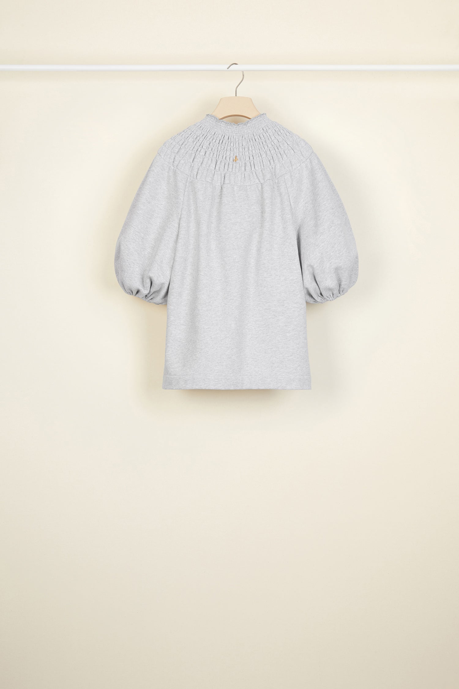 Patou - Smock collar cotton sweatshirt - Grey - Smocks go casual.Lightweight grey cotton sweatshirt with a sunray smocked collar that can be worn off the shoulders. Gold-coloured JP logo at the back. Three-quarter puff sleeves with elasticated cuffs. Two slits at the sides.