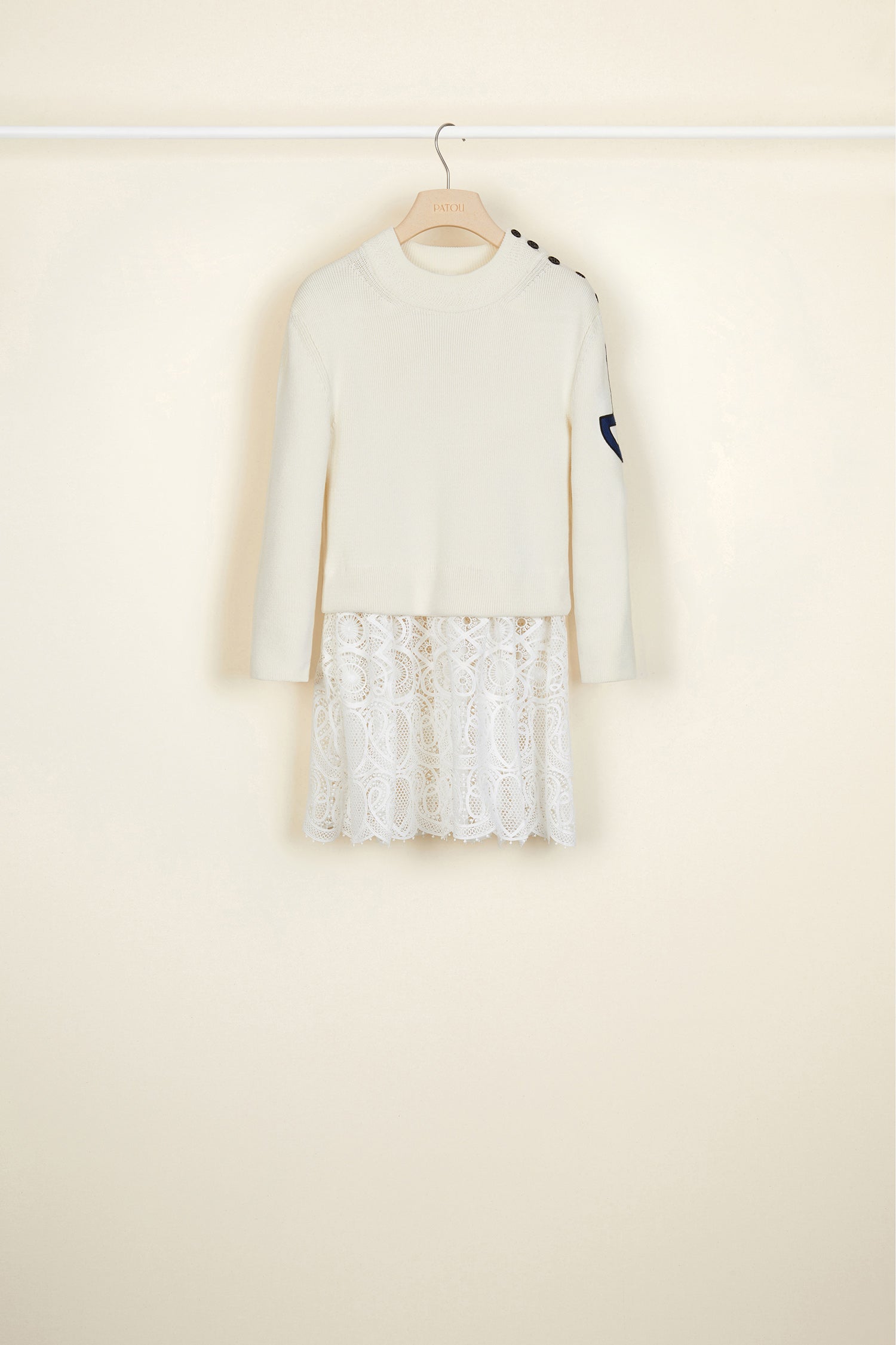 Patou - Cotton jumper with guipure embellishment - Cream - A love letter to Bretagne!Cream cotton Breton-style jumper. Buttons on the shoulder, embroidered logo on the left sleeve. White guipure attached to the hem.