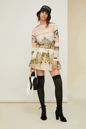 Belted pleated mini skirt in printed organic cotton and wool