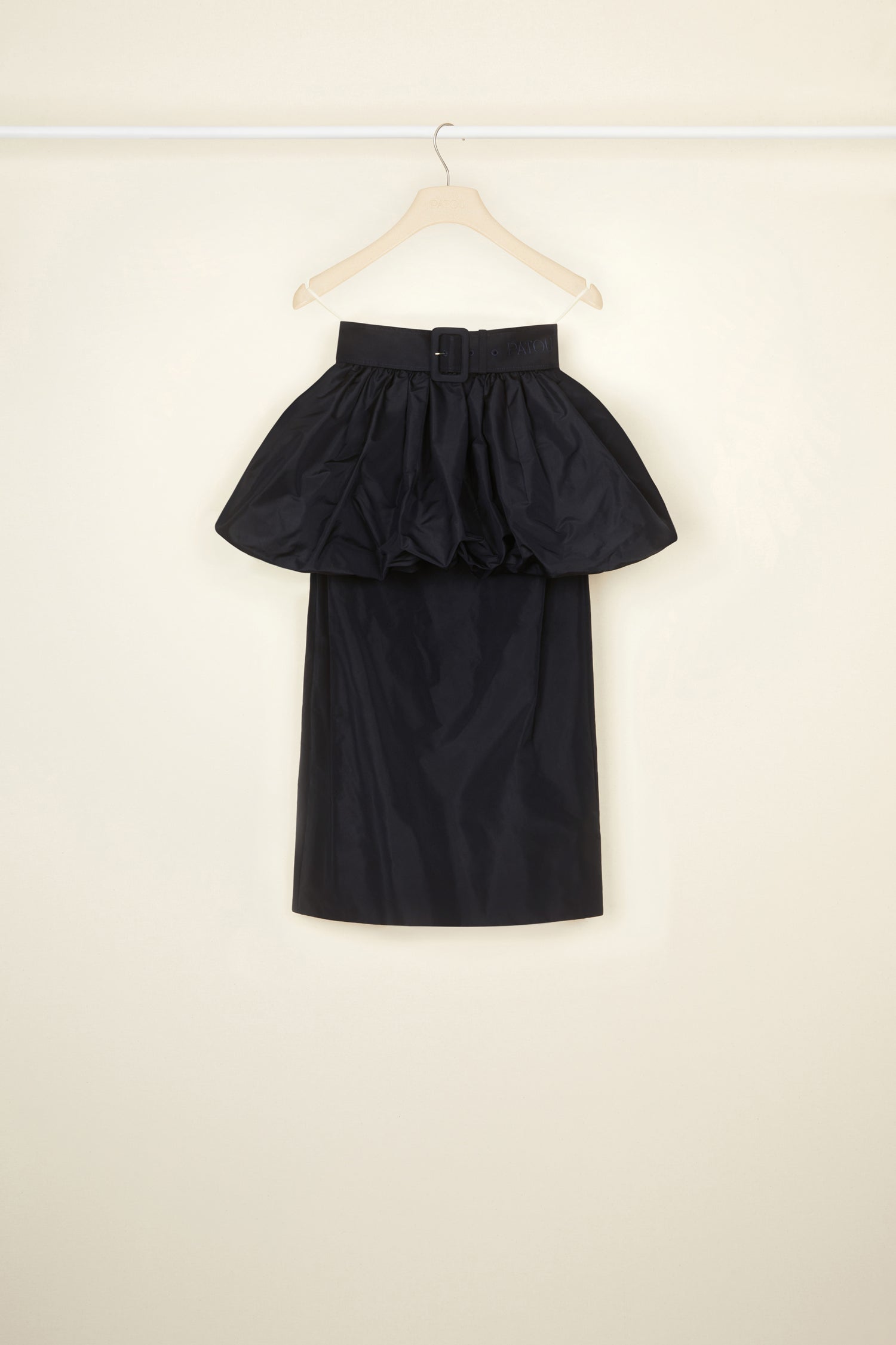 Patou - Double layer skirt in eco-friendly faille - Night Blue - A Patou peplum that is light as a bubble. Night blue eco-friendly faille skirt. Two-layer construction with bubble peplum top layer. Belted waist with adjustable buckle and Patou lettering logo embroidery. Midi pencil skirt with a back slit.