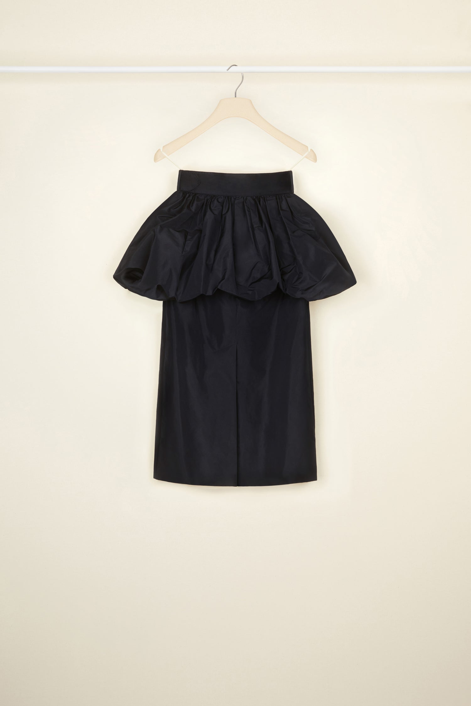 Patou - Double layer skirt in eco-friendly faille - Night Blue - A Patou peplum that is light as a bubble. Night blue eco-friendly faille skirt. Two-layer construction with bubble peplum top layer. Belted waist with adjustable buckle and Patou lettering logo embroidery. Midi pencil skirt with a back slit.