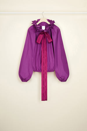 Drawstring collar top in eco-friendly faille