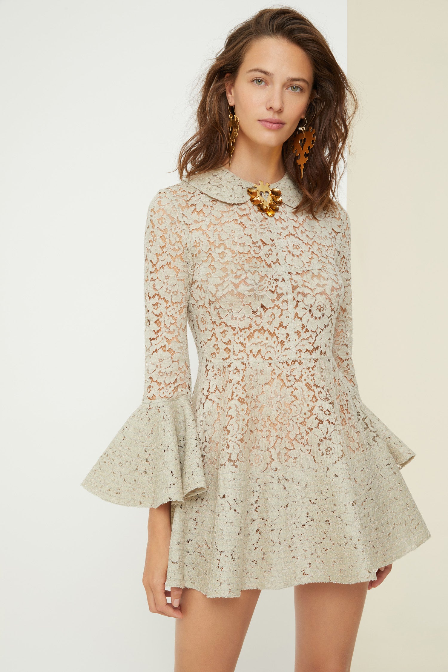 Patou - Overstitched lace mini dress - Silvery Moon - A burst of French lace in an unusual hue, the little summer dress by the Maison Patou.Silvery Moon French lace mini dress. Can also be worn as a top. Peter Pan collar. Zip fastening at the back. Long sleeves with circular cuffs featuring overstitched detailing. Overstitched detailing on the skirt.