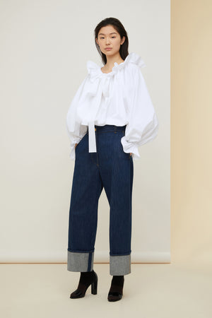 Drawstring puff sleeve top in organic poplin