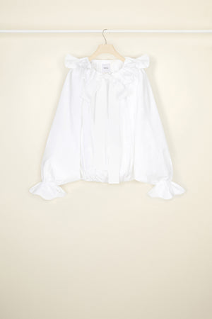 Drawstring puff sleeve top in organic poplin