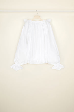 Drawstring puff sleeve top in organic poplin