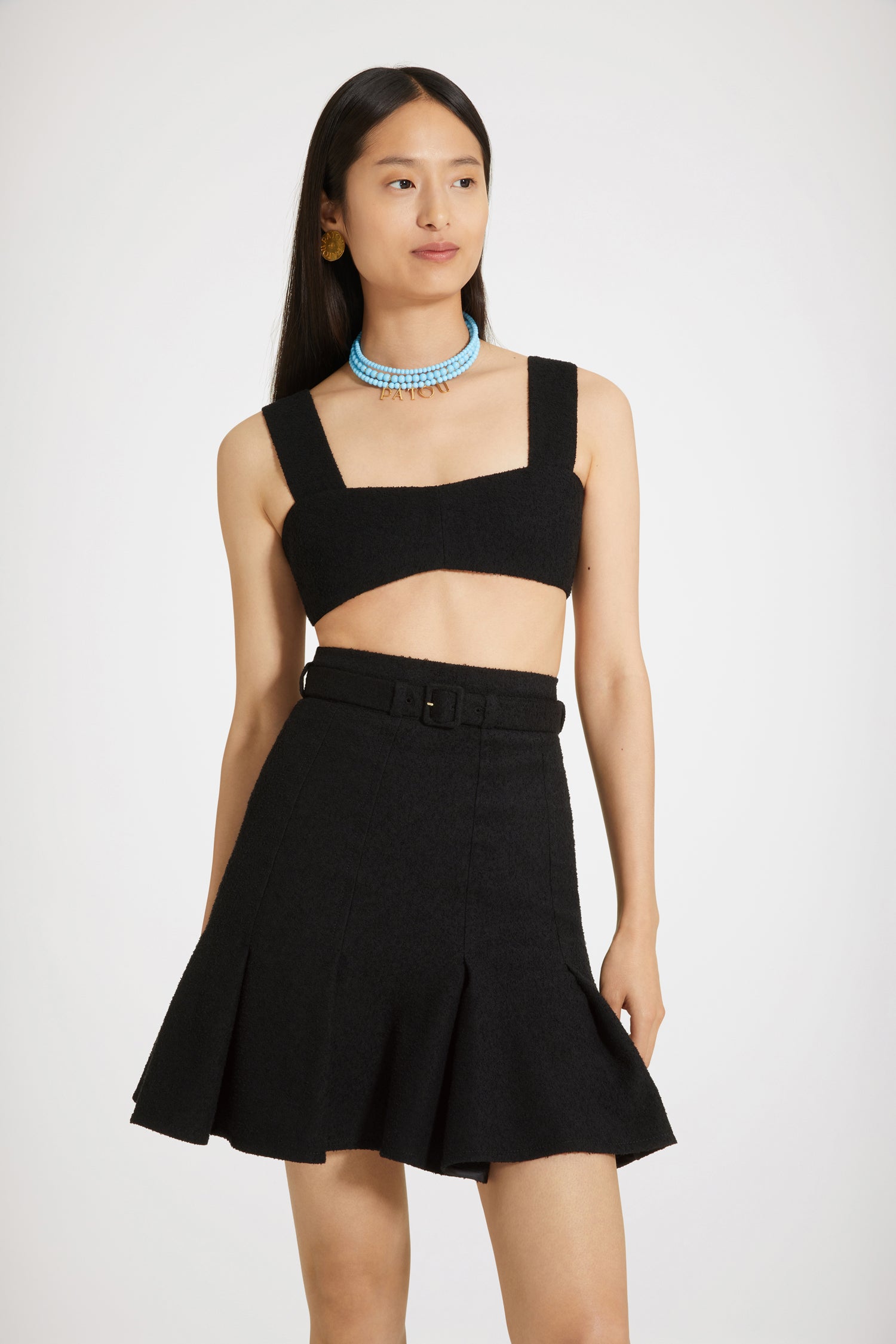 Patou - Bralette con zip in tweed di misto cotone - Black - In versione crop, il tweed diventa pop.Bralette in tweed di misto cotone nero. Spalline larghe. Scollo a cuore. Zip oro con dettaglio JP signature sul retro.Spring-Summer 2023 Show - Look #27
