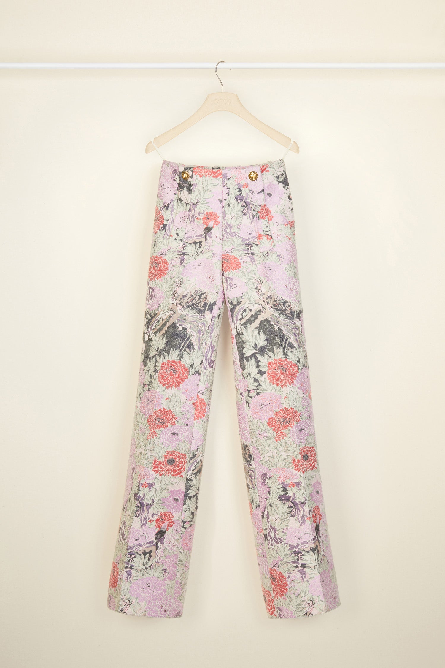 Patou - Straight-legged trousers in cotton jacquard - Birds and Peonies - Birds and peonies celebrate the allure of springtime jacquard.Cotton jacquard trousers featuring Act 2’s Birds and Peonies pattern. High-waisted style with a straight wide leg. Engraved gold-coloured buttons at the front. Belt loops, zip fastening at the side. Side pockets. Darts at the back.