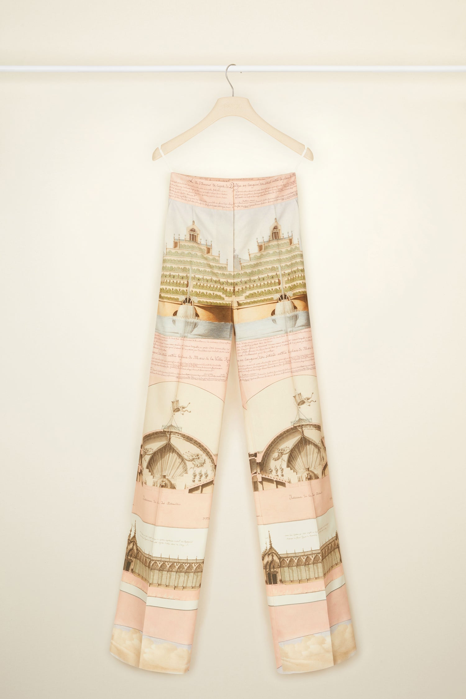 Patou - Long tailored trousers in printed organic cotton and wool - Amour Island - Flawless and carefree: tailoring by Patou.  Organic cotton and wool canvas trousers featuring Jean-Jacques Lequeu's “Amour Island” print. Long straight leg. Fastens via a single JP-engraved button and zip at the front. Belt loops. Pockets at the sides. Signature curved seam and darts at the back.