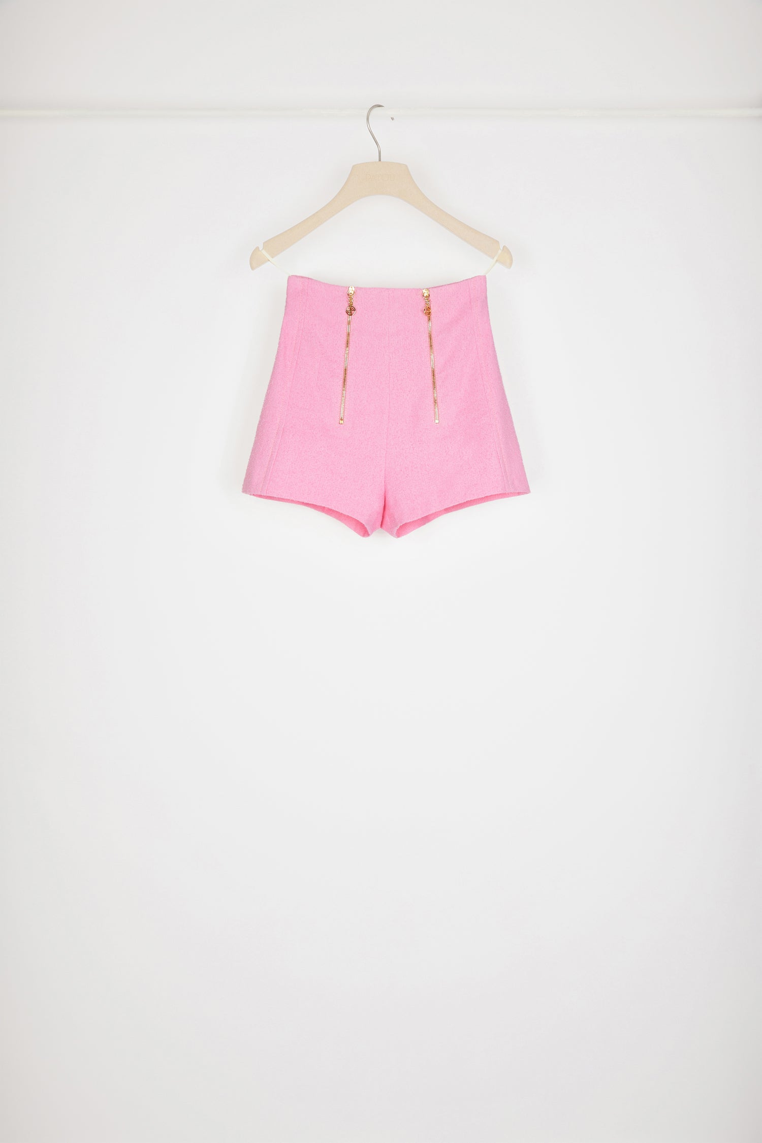 Patou - Zip-front shorts in cotton-blend tweed - Begonia Pink - Signature zips frame the waist.Begonia pink cotton-blend tweed shorts. High waist. Two gold-tone zips at the front with signature JP puller. Darts at the front and back. Signature curved seam at the back.Fitted at the waist.