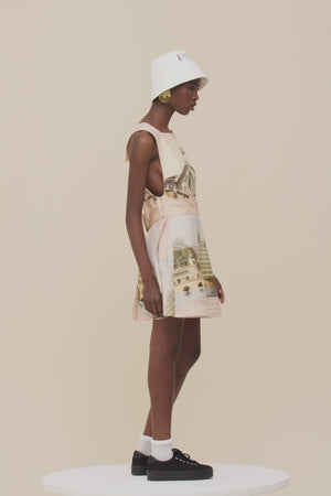 Pinafore mini dress in printed organic cotton and wool