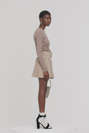 Belted pleated mini skirt in organic cotton