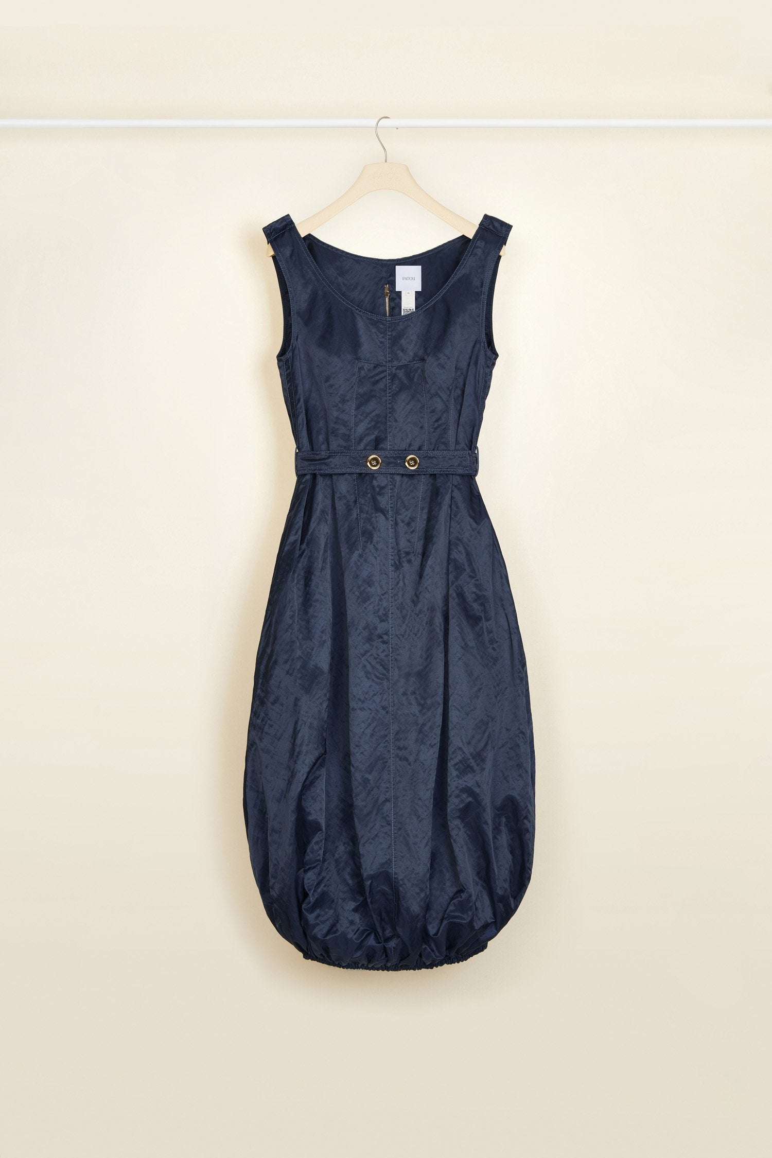 Patou - Bubble hem dress in metal satin - Sapphire Blue - Short or not-so-short, a dress tailored to your wishes. Sapphire blue bubble hem dress. Metal satin with a natural rumpled look. Scoop neckline with wide straps. Zip fastening at the back. Belt at the waist with two engraved gold-coloured buttons. Pockets at the sides. Elasticated hem that allows the dress to be worn as a short bubble silhouette or as a midi style.